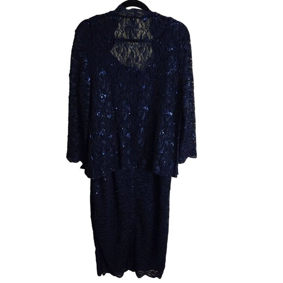 Alex Evenings Sequined Lace Sheath Dress Jacket Navy Midi Mother Of Size 12 - Picture 3 of 9